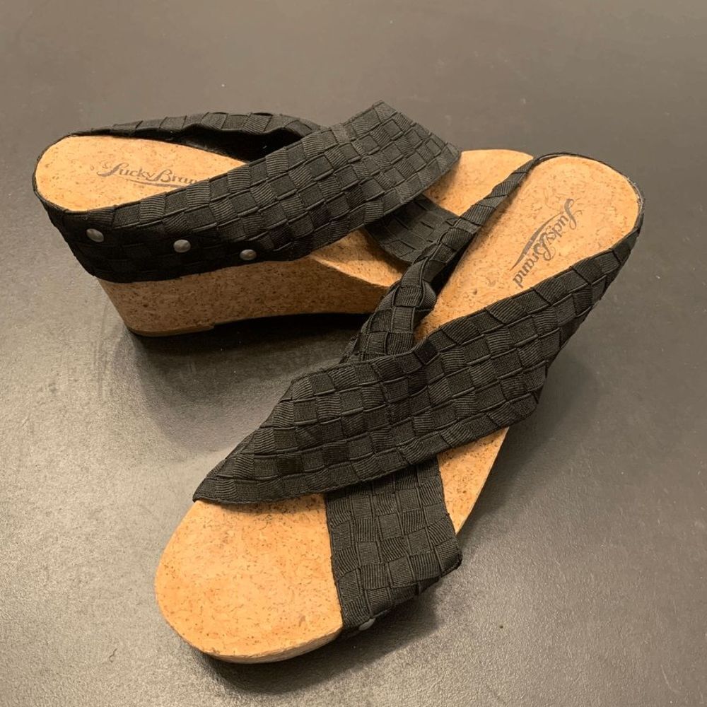 Lucky Brand Women's Woven Crossover Strap Cork Wedge Sandals Black Size 11M